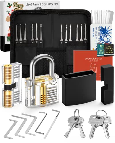 FAHEFANA Lockpicking Set, [2024 Neue Herausforderung & Geschenk für Anfänger] 26 Stück Dietrich Set mit übungsschloss im Kreditkartenformat & Anleitung für Anfänger und Profis Black von FAHEFANA