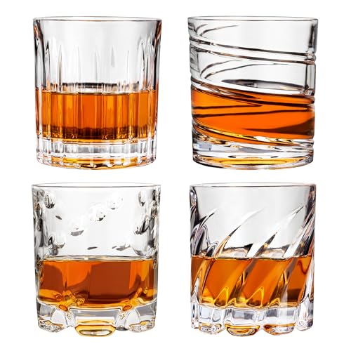 Whisky GläSer, Drehen Bourbon Whiskey GläSer Set of 4, Scotch Rum Cognac Rock Tumbler Old Fashioned Tasting Glass, Originelle Personalisiert MäNner Freund Vater Unique Geschenke Box, 4 Stil 250ml von FAHIMEH