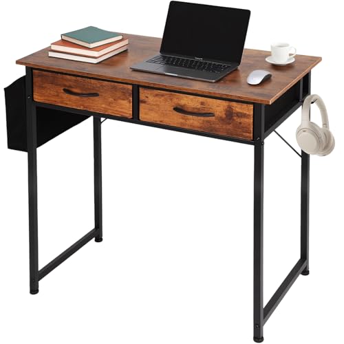 Kleiner Home-Office-Schreibtisch mit 2 Stoffschubladen, Computertisch mit Schubladen, Tasche und Haken, Arbeitsschreibtisch für kleine Räume, Schlafzimmer, Wohnzimmer, Braun von FAHKNS