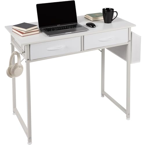 Kleiner Home-Office-Schreibtisch mit 2 Stoffschubladen, Computertisch mit Schubladen, Tasche und Haken, Arbeitszimmer Schreibtisch für kleine Räume, Schlafzimmer, Wohnzimmer, Weiß von FAHKNS