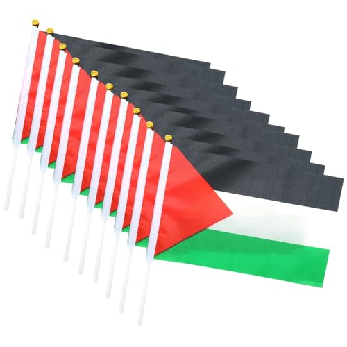 10Stk Palästina Flagge auf Stöcken, 14x21cm Palästinensische Handheld Flaggen Kleine Hand Winken Flaggen für Party Festival Prozession Feier Sportaktivitäten Indoor Outdoor-Einsatz (10STK) von FAHOI