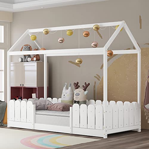 FAHOI Hausbett 90x200cm, Vielseitiges Holz Kinderbett Montessori Bett für Jungen & Mädchen mit Rausfallschutz und Lattenrost, Ohne Matratze (Weiß) von FAHOI