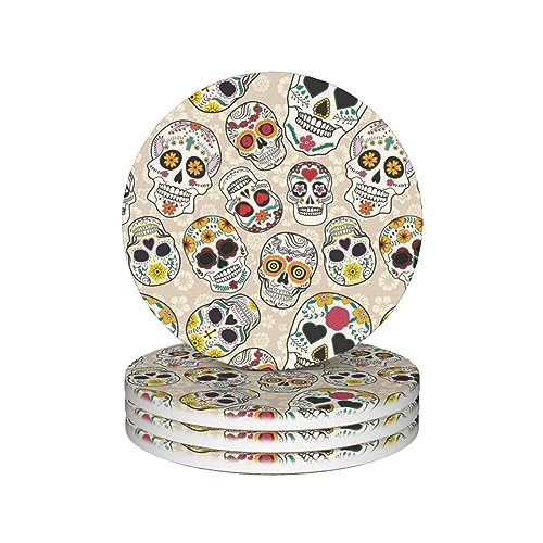 Keramik-Untersetzer mit mexikanischem Totenkopf-Motiv, rutschfeste Korkbasis, Einweihungsgeschenke, 4 Stück von FAIRAH
