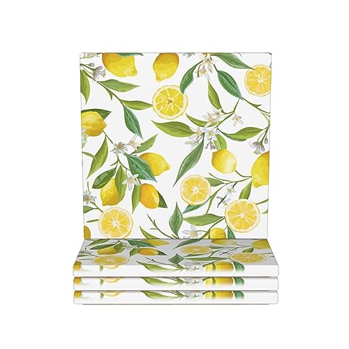 Keramik-Untersetzer mit tropischem Zitronen-Druck, rutschfeste Korkbasis, Einweihungsgeschenke, 4 Stück von FAIRAH