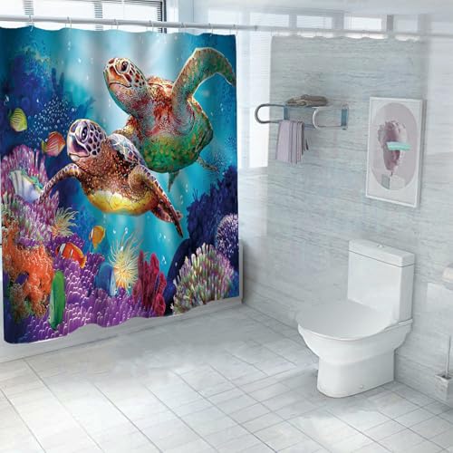 FAIRYGATE Duschvorhang Blau Badevorhang Wasserdicht Schwer Schimmelresistent Anti Schimmel Schildkröten Motiv Pflanzen Badewanne Vorhang Waschbar B9311 von FAIRYGATE