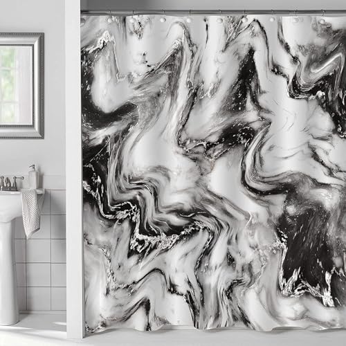 FAIRYGATE Duschvorhang Schwarz Weiß 180x180 cm Wasserdicht Schimmelresistent Bad Waschbar Duschvorhänge Polyester Textil für Badewanne mit 12 Haken B9007 von FAIRYGATE