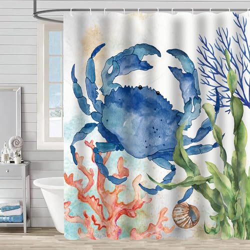FAIRYGATE Duschvorhang Stoff Waschbar Blau Vorhang Dusche Duschvorhang Textil Weinlese Stoffliches Gewebe Badezimmerdekorationsset mit Haken 180 x 180 cm Türkis Weiß Polyester Stoff B9319 von FAIRYGATE