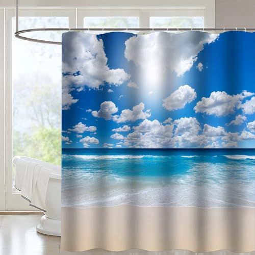 FAIRYGATE Duschvorhang Strand Duschborhang Shower Curtains Duschvorhang 180 x 180 cm Anti Schimmel Duschvorhänge Umweltfreundlich Badvorhänge Waschbar Wasserdicht mit 12 Duschvorhang Ringe B8807 von FAIRYGATE