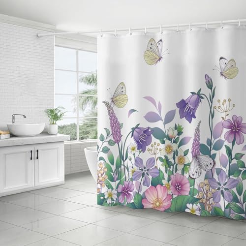 FAIRYGATE Duschvorhang Waschbar Anti Schimmel Duschvorhang Badewanne Badezimmer Duschvorhang Blumen Weiß Duschvorhänge Set mit 12 Haken Wasserdicht Badevorhang 180x180cm Polyester Stoff B9807 von FAIRYGATE