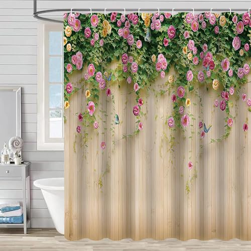 FAIRYGATE Vorhang Badezimmer Beige Badvorhang Duschvorhang Wasserdicht Anti Schimmel Polyester Bad Vorhang mit 12 Duschvorhangringe für Badezimmer Decor 180x180cm Grüner Blätter B9522 von FAIRYGATE