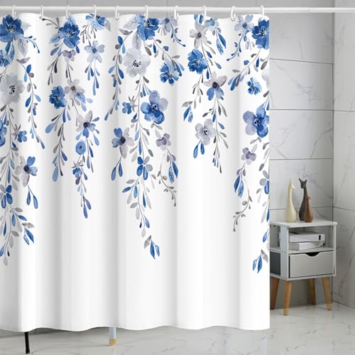 FAIRYGATE Vorhang Blumen Duschvorhang Duschvorhänge mit Gewicht Textil aus Polyester Stoff Anti Schimmel Dusch Vorhang Wasserdicht Waschbar Shower Curtains für Dusche und Badewanne Blau B9405 von FAIRYGATE