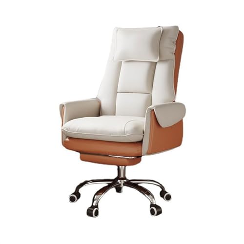 FAJNUZI2024 Bürostuhl Ergonomisch Freizeit Sofa Stuhl Bequem Sitzende Büro Stuhl PU Leder Drehstuhl Haushalt Liege Computer Stuhl Arbeitsstuhl(White+Orange) von FAJNUZI2024