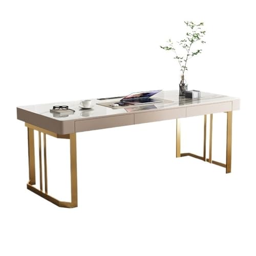 FAJNUZI2024 Computertisch Moderner Chefschreibtisch aus Schiefer mit 3 Schubladen und goldenen Metallbeinen, große Schreibtische for das Home Office Steckdosen(XXL) von FAJNUZI2024