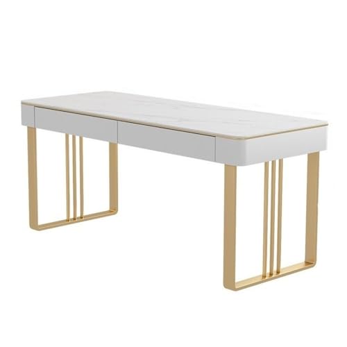 FAJNUZI2024 Computertisch Moderner PC-Schreibtisch mit 2 Schubladen, weißer Schminktisch Steinplattenplatte und Metallrahmen for das Schlafzimmer im Home Office(Gold,XL) von FAJNUZI2024