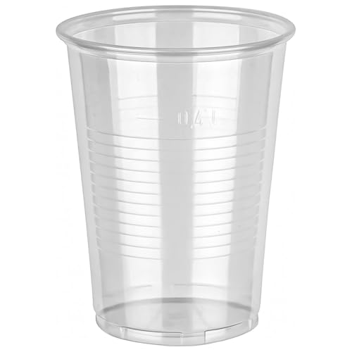 FALAMBI 200 Stk. Trinkbecher 400ml - Plastikbecher Einwegbecher Bierbecher aus Kunststoff PP (Polypropylen), Transparent klar, Ausschankbecher, mit Eichstrich von FALAMBI