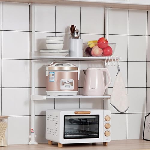 FALANZATH Mikrowellen Regal, 3-stufiges Ausziehbar Mikrowellenregal, arbeitsplatte Bäckerregale, Küchenregal mit 5 Haken, Gewürzregal Mikrowellenschrank Organizer für Küchen Weiß von FALANZATH