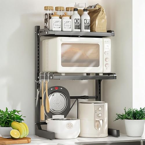 FALANZATH Mikrowellenregal 3-stufig Verstellbares Mikrowellen Regal aus Carbonstahl Küchenregal für Arbeitsplatte mit Haken Mikrowellenhalterung Höhen- und Breitenverstellbar Schwarz von FALANZATH