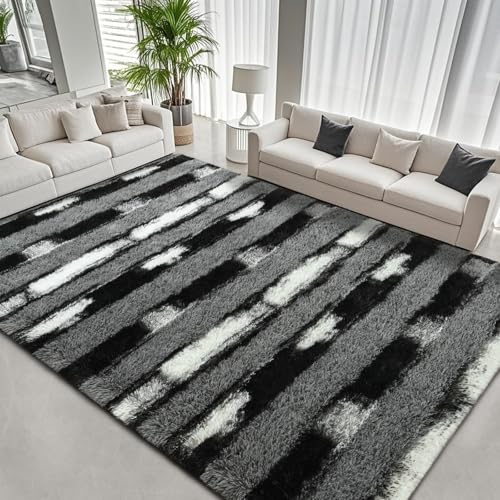 FALARK Flauschiger, weicher Plüschteppich, modern, gestreift, für Wohnzimmer, Schlafzimmer, Innenbereich, rutschfest, waschbar, pelziger Überwurf, Teppiche für Kinderzimmer, Spielzimmer, Kinderzimmer FALARK Flauschiger, weicher Plüschteppich, modern, gestreift, für Wohnzimmer, Schlafzimmer, Innenbereich, rutschfest, waschbar, pelziger Überwurf, Teppiche für Kinderzimmer, Spielzimmer, Kinderzimmer von FALARK