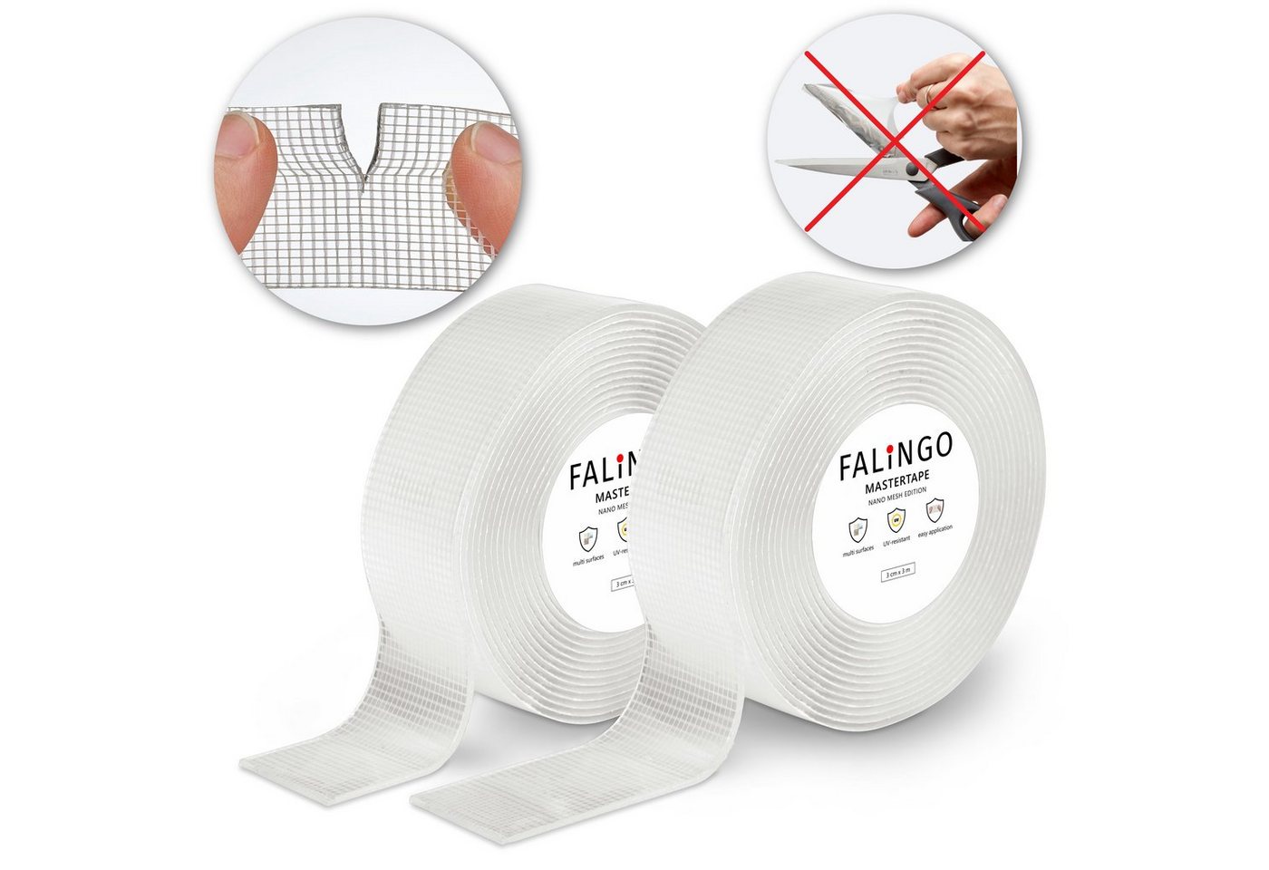 FALINGO Doppelklebeband Doppelseitiges Klebeband abreißbar Nano Tape extra stark 2 Rollen Extrastarker Soforthalt, per Hand abreißbar von FALINGO