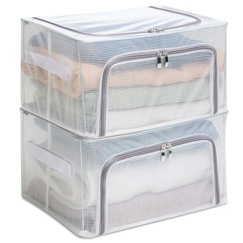 FALINGO Faltbare Aufbewahrungsboxen Faltboxen Aufbewahrungstaschen 2 Stück stabiler Metallrahmen stapelbar Reißverschlüsse seitliche Tragegriffe transparent 24 Ltr (40L x 30B x 20H cm) von FALINGO