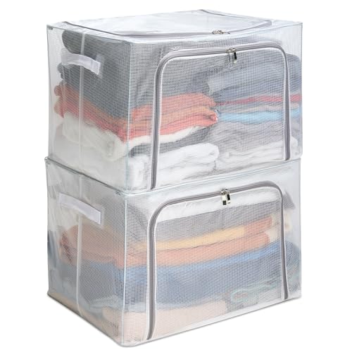FALINGO Faltbare Aufbewahrungsboxen Faltboxen Aufbewahrungstaschen 2 Stück stabiler Metallrahmen stapelbar Reißverschlüsse seitliche Tragegriffe transparent 66 Ltr (50L x 40B x 33H cm) von FALINGO