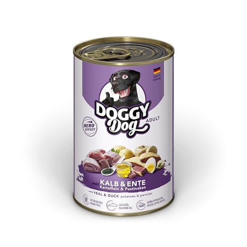 DOGGY Dog Paté Kalb & Ente, 6 x 400 g, Nassfutter für Hunde, getreidefreies Hundefutter mit Lachsöl und Grünlippmuschel, Alleinfuttermittel mit Kartoffeln und Pastinake, Made in Germany von DOGGY Dog