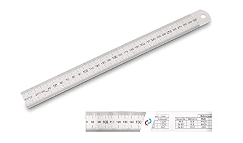 Falke Profi Stahlmaßstab Stahllineal biegsam EG-Prüfzeichen Genauigkeit II, 300 x 30 x 1,0 mm Bohrerdrehzahltabelle/Umrechnungstabelle von Inch/Cm von FALKE