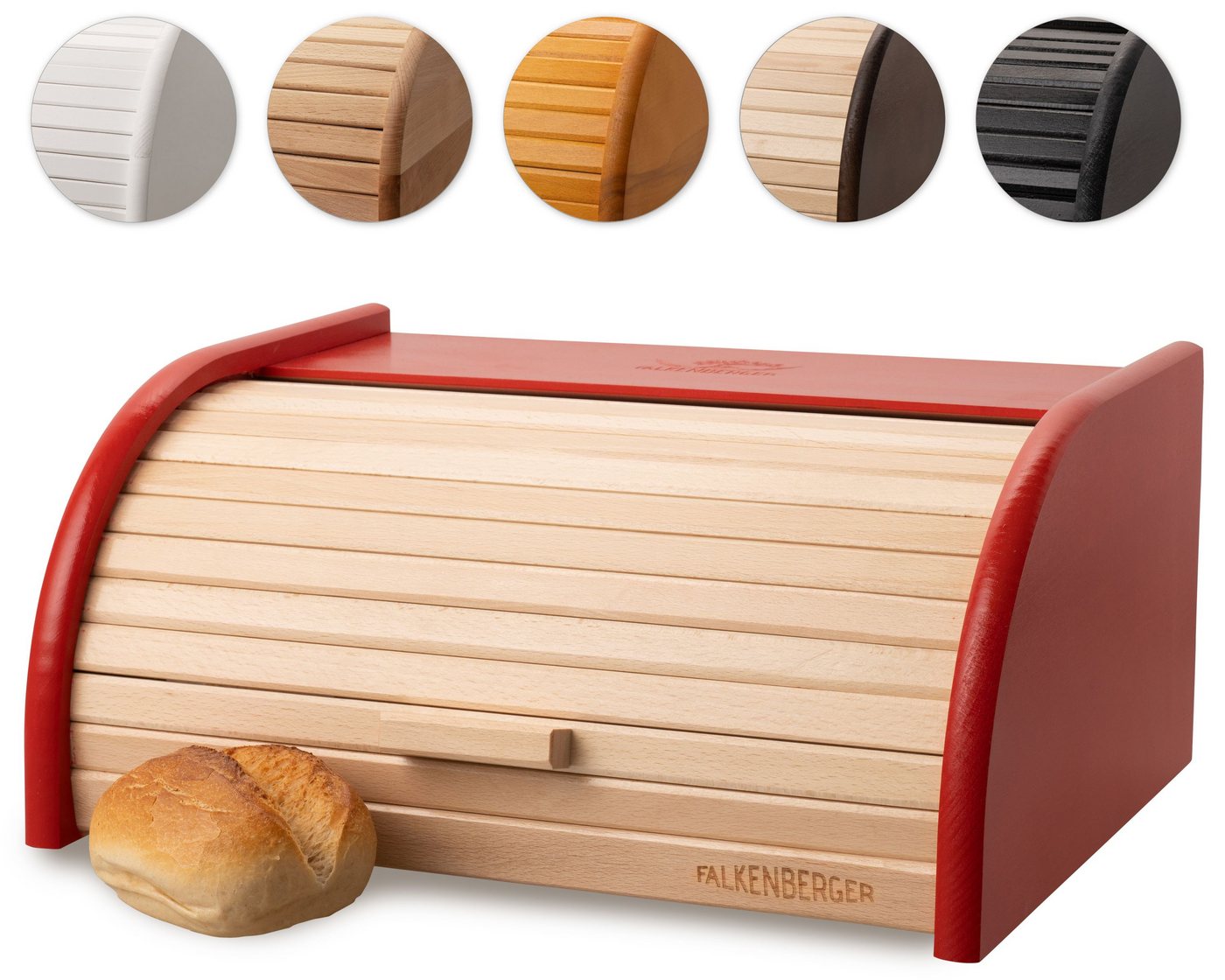 FALKENBERGER Brotkasten Brotkasten Rot 39,1x28,7x17,7cm, Holz, (1-tlg., 1 Teilig), Rollbrotkasten traditionell Brotbox mit Roll-Deckel für Brot Handmade von FALKENBERGER