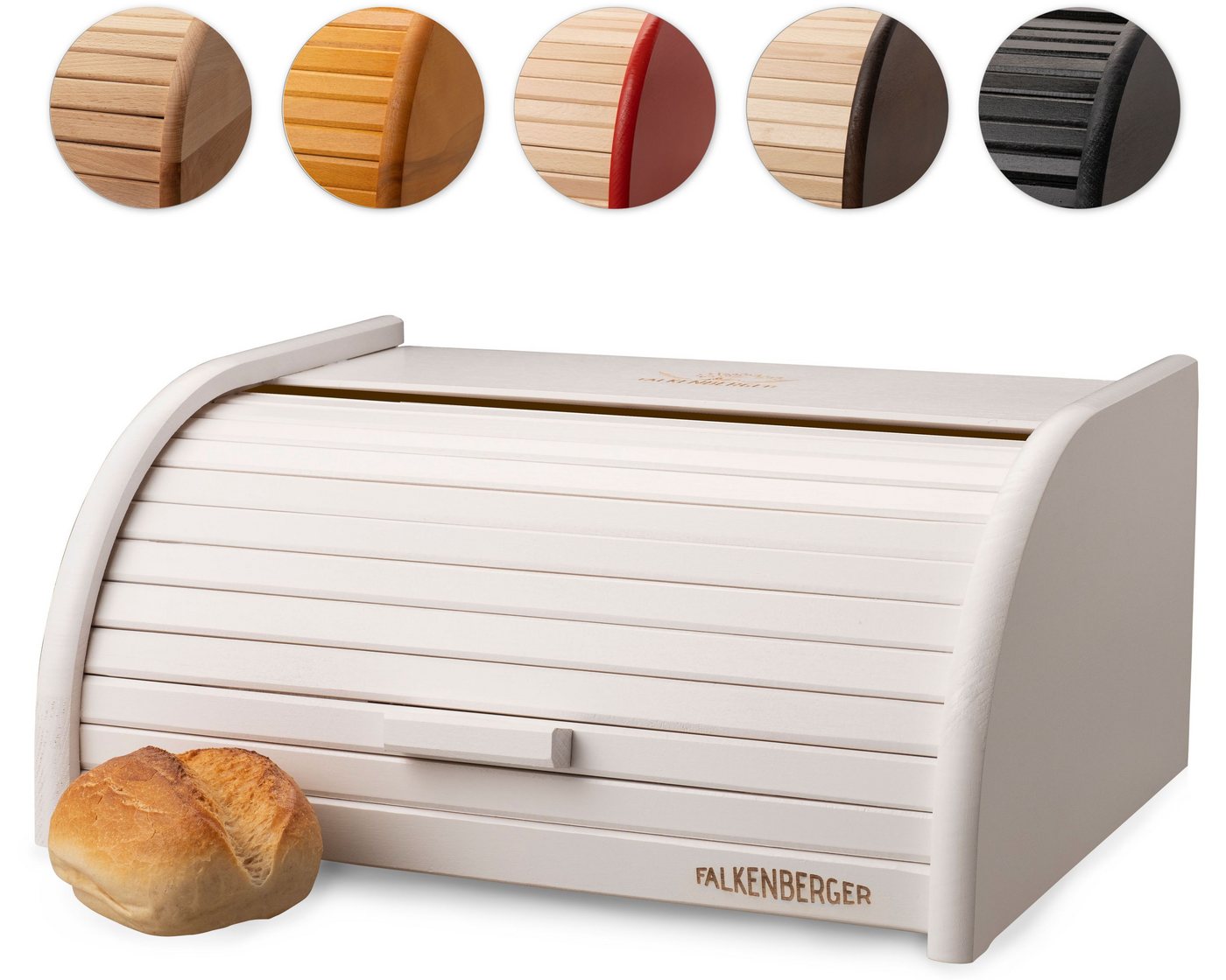 FALKENBERGER Brotkasten Brotkasten Weiß 39,1x28,7x17,7cm, Holz, (1-tlg., 1 Teilig), Rollbrotkasten traditionell Brotbox mit Roll-Deckel für Brot Handmade von FALKENBERGER