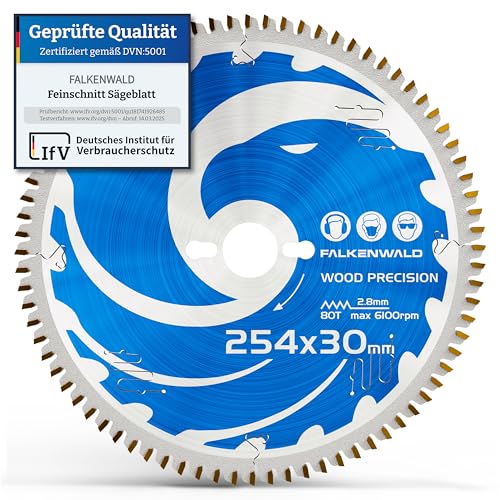 FALKENWALD ® Sägeblatt 254x30 Holz Precision - 254x30 Kreissägeblatt mit 80 HM Zähnen - Kompatibel mit Bosch GTS 10 XC, PTS 10 Tischkreissäge & Metabo Kappsäge KGS 254 M - Kreissägeblatt 254 x 30 von FALKENWALD
