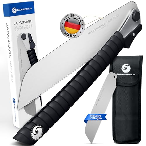 Falkenwald Japansäge klappbar - Holzsäge + 2x Sägeblatt 7TPI, 17TPI + Tasche - Ideal für die Bearbeitung von Holz - Handsäge für Querschnitt und Längsschnitt - Holzbearbeitungswerkzeuge von FALKENWALD