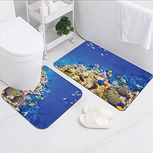 FALOME Badezimmerteppich Badematte Set 2 Teilig,Ozean Unterwasserwelt Wildnis Karibischer Ozean Urlaub in Tropen Seascape Themenbild Blue Beige,Schmutzfangmatte für Badezimmer Küchenteppich von FALOME