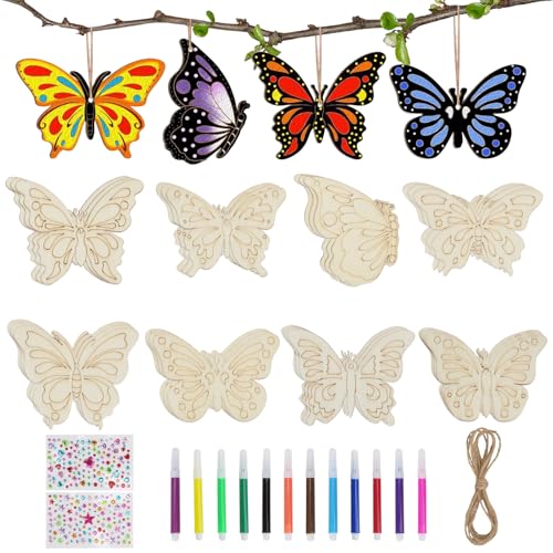 FALSKT 24 Stück Holzplatte Schmetterling Bastelset mit Loch, 8 Stile Holzbrettchen Schmetterling Holz Bemalen mit Hanfseil Aquarellstift Paillettenaufklebern für DIY Handwerk Dekoration von FALSKT