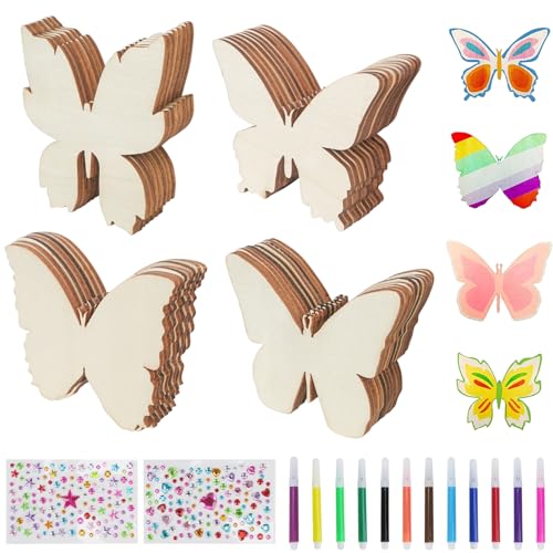 FALSKT 40 Stück Holzplatte Schmetterling Bastelset, 4 Stile Holzbrettchen Schmetterling Holz Bemalen mit Aquarellstift Paillettenaufklebern für DIY Handwerk Dekoration von FALSKT
