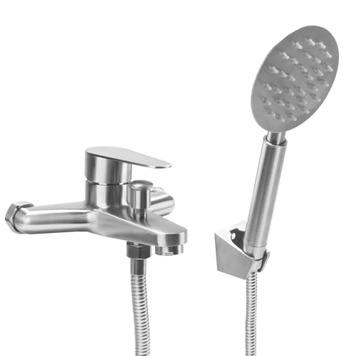 FALSKT Badewannenarmatur mit Handbrause Set, Mischbatterie Badewanne Edelstahl mit 150 cm Schlauch und Wandhalterung, Einhand Wasserhahn Badewanne, Wannenarmatur für Dusche, Bad (Silber) FALSKT Badewannenarmatur mit Handbrause Set, Mischbatterie Badewanne Edelstahl mit 150 cm Schlauch und Wandhalterung, Einhand Wasserhahn Badewanne, Wannenarmatur für Dusche, Bad (Silber) von FALSKT