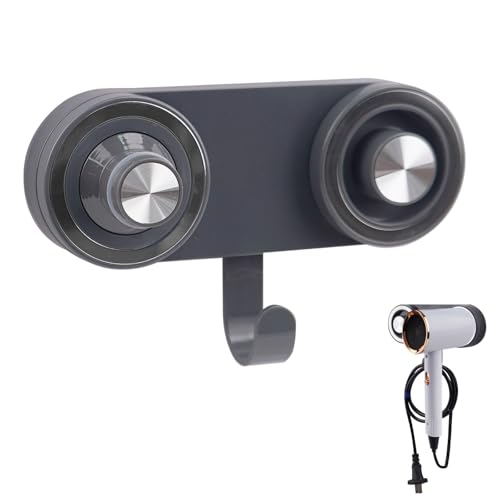 FALSKT Fönhalter Ohne Bohren für Magnetischen Hohe Geschwindigkeit Fön Föhn Halterung mit Düsenunterstützung Saugnapf und Steckerkabel Organisation Haken Fönhalterung Bad Wandmontage (Grau) von FALSKT