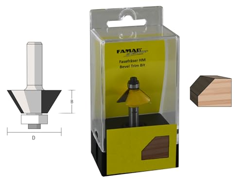 Famag HM-Fasefräser (D44,5 / B15,9<45° / Gesamtlänge 48 mm/Schaft- 8 mm, Fräser mit Anlauflager, geeignet zum Kantenfräsen bei Schreinerarbeiten, Montagearbeiten im Handwerkbereich) 3118.844 von FAMAG