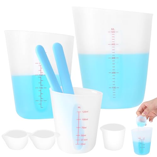 6 Stk Silikon Messbecher, 125ml 250ml 500ml Messbecher Set mit Skala mit 2 Rührstab 2 Einstellbecher 1 30ml Silikon Tasse, Silikonbecher zum Gießen für Handwerk, Labor, Küche von FAMCUCHE