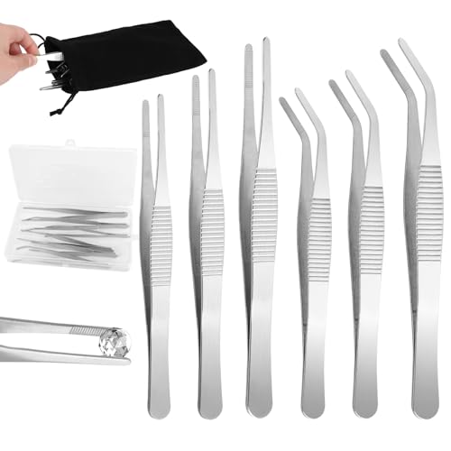 6 Stück Pinzette Set, 3 Größen Edelstahl Pinzette, 16cm Lange Pinzette mit Aufbewahrungsbeutel, Professionelles Rutschfest Gebogen Pinzetten für Handwerksreparatur Nähmaschinen Schmuck, 12.5-16cm von FAMCUCHE