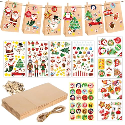 Adventskalender zum Befüllen, 24 Stück DIY Adventskalender Selber Befüllen mit 24 Holzklammern, 6 Aufklebern und Lichterkette, Weihnachtskalender zum Befüllen für Kinder und Erwachsene Adventskalender zum Befüllen, 24 Stück DIY Adventskalender Selber Befüllen mit 24 Holzklammern, 6 Aufklebern und Lichterkette, Weihnachtskalender zum Befüllen für Kinder und Erwachsene von FAMCUCHE