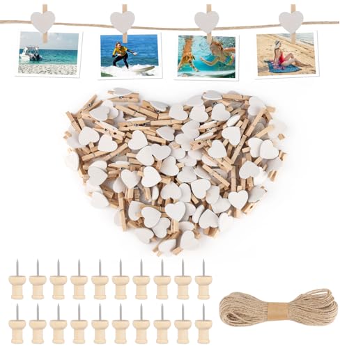 FAMCUCHE 100 Stück Herz Wäscheklammer, Mini Holzklammern Weiß mit 20m Juteschnur und 20 Bildnadeln, Kleine Klammern für Fotos Aufhängen, Holzwäscheklammern Klein für Fotos Fotowand Postkarten von FAMCUCHE