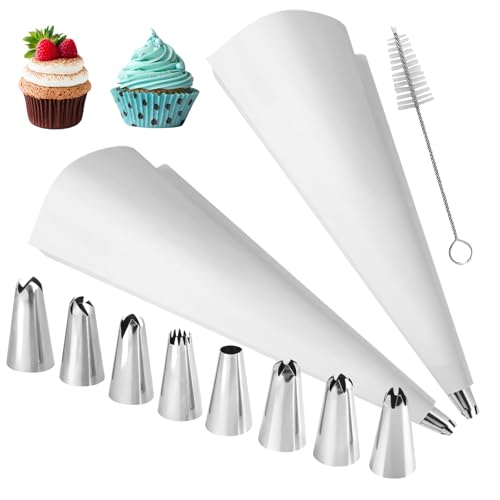 Spritzbeutel Wiederverwendbar, Spritzbeutel mit Tüllen, Baumwolle Spritztüte 35 cm, 8 Stück Edelstahl Spritztüllen, Piping Bag für Cupcakes, Keksen Cupcake, Plätzchen Dekoration von FAMCUCHE
