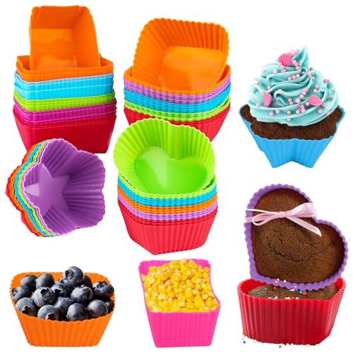 60 Stück Muffinförmchen, 4-Formen Muffinform Silikon, Wiederverwendbare Backform, Antihaftbeschichtete Cupcake Förmchen, BPA-frei für DIY Backen Muffin Dessert von FAMCUCHE