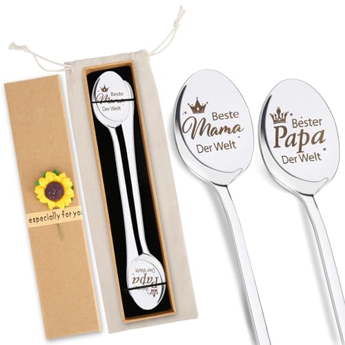 Mama Geschenk, Geschenke für Mama Papa, 2 Stück Löffel Mit Gravur, Beste Mama/Bester Papa der Welt, Muttertagsgeschenk Löffel Personalisiert 19cm Lang Teelöffel mit Geschenkbox und Stoffbeutel von FAMCUCHE