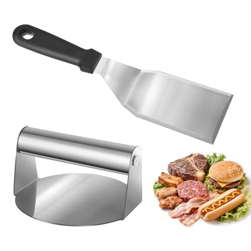 Smash Burger Set, 4.4 Zoll Burgerpresse Edelstahl und Grillspatel, Smash Burgerpresse Leicht zu Reinigen, Burger Presse für Leckere Hamburger, Pizza, BBQ Smash Burger Set, 4.4 Zoll Burgerpresse Edelstahl und Grillspatel, Smash Burgerpresse Leicht zu Reinigen, Burger Presse für Leckere Hamburger, Pizza, BBQ von FAMCUCHE