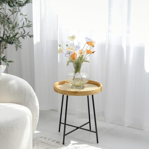 FAME HOME Rattan Round Wooden Coffee Table, Living Room Table, Sofa Table, Rattan Side Table, Light Brown with Metal Frame, Coffee Table, Oak, Natural Design, Round Table (40 x 40 cm, 46.5 cm High) von FAME HOME