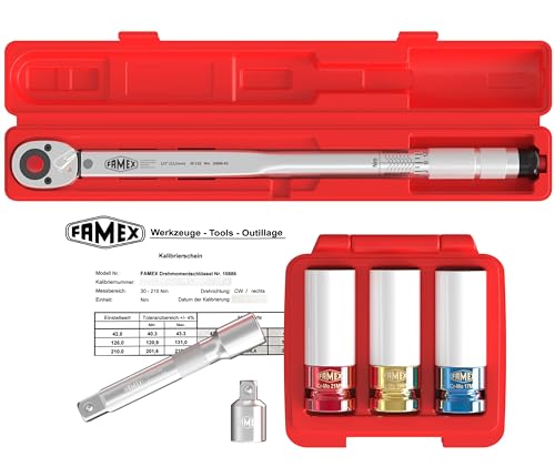 FAMEX 10886-3N-KS Drehmomentschlüssel 1/2" (12,5mm) | 30-210 Nm mit Kalibrierschein - Sparset mit Schoneinsätze für Radschrauben | für Auto PKW Van von FAMEX