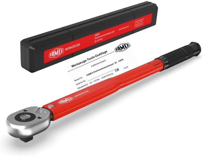 FAMEX Drehmomentschlüssel 10876 Drehmoment Schlüssel 3/8 Zoll (auf ±3% kalibriert, Auto), mit Kalibrierschein, 20-110 Nm, Motorrad von FAMEX