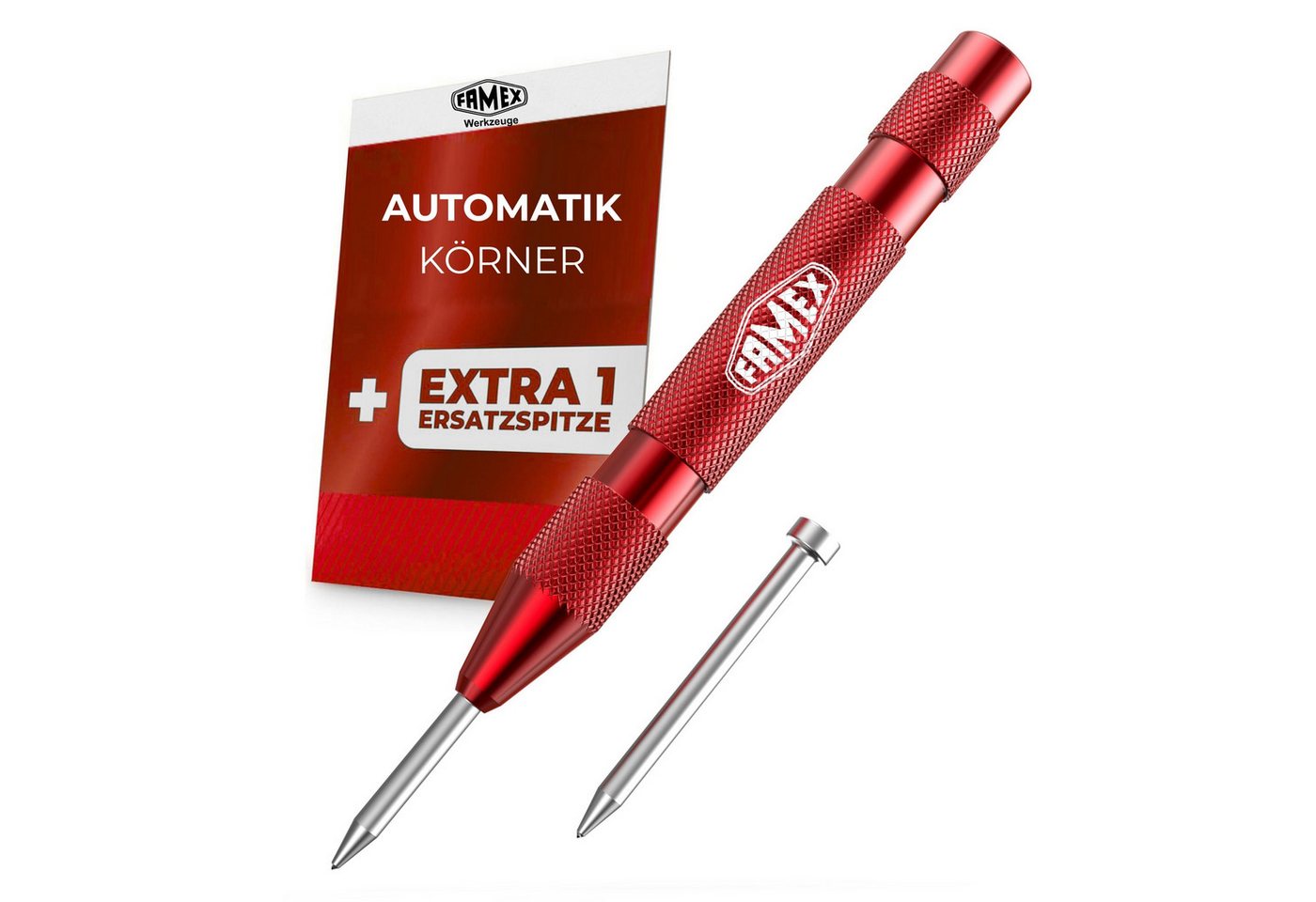 FAMEX Spatmeißel 8242 Automatik Körner, (schwere Ausführung, Ersatzspitze, 1-tlg., TOP-Qualität) HSS Stahl, einstellbar 50–100 N von FAMEX