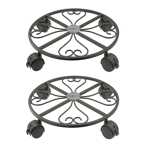 FAMIJOY 2 Stück Metall Pflanzbehälter, 30cm Pflanzenständer, runde Pflanzenroller mit 4 360° feststellbaren Lenkrollen, Pflanzenroller für robuste Blumentöpfe von FAMIJOY
